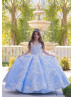 Sky Blue Beaded Lace Tulle 3D Buttterfly Fairytale Flower Girl Dress